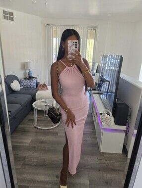 Zara Light Pink Ribbed Halter Maxi Dress